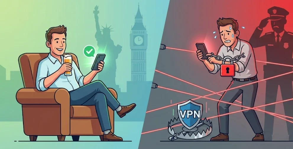 This illustration contrasts two different experiences when accessing online betting platforms: smooth access in regions where it’s allowed versus stressful attempts to bypass restrictions.