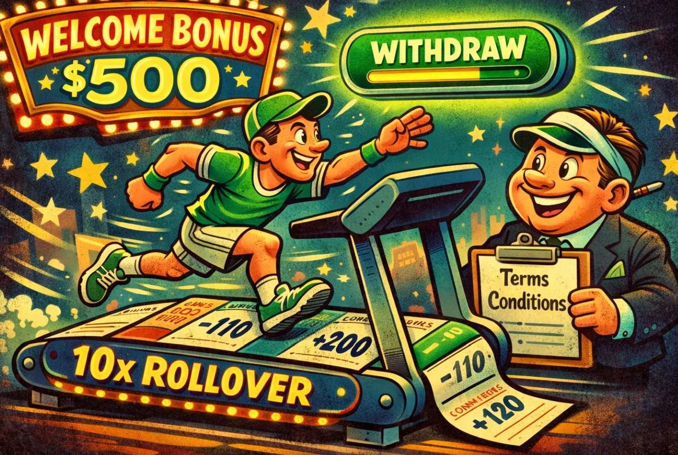 This illustration visualizes the challenge of clearing a sportsbook welcome bonus, particularly when it comes with a large wagering (rollover) requirement before withdrawals are allowed.