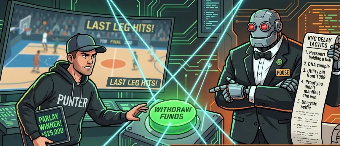 This illustration highlights a common complaint among bettors: winning a large bet but encountering delays or obstacles when trying to withdraw the money.