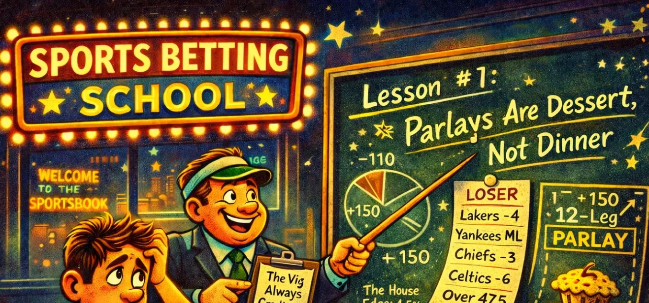 The scene is designed like a classroom, suggesting basic lessons for beginner bettors.