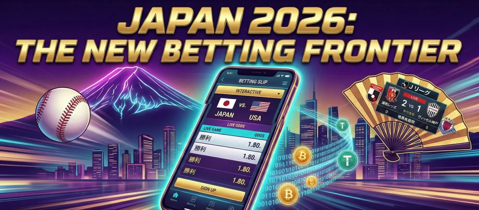 This illustration presents Japan as an emerging market for sports betting, highlighting the combination of sports culture, mobile betting technology, and cryptocurrency payments.