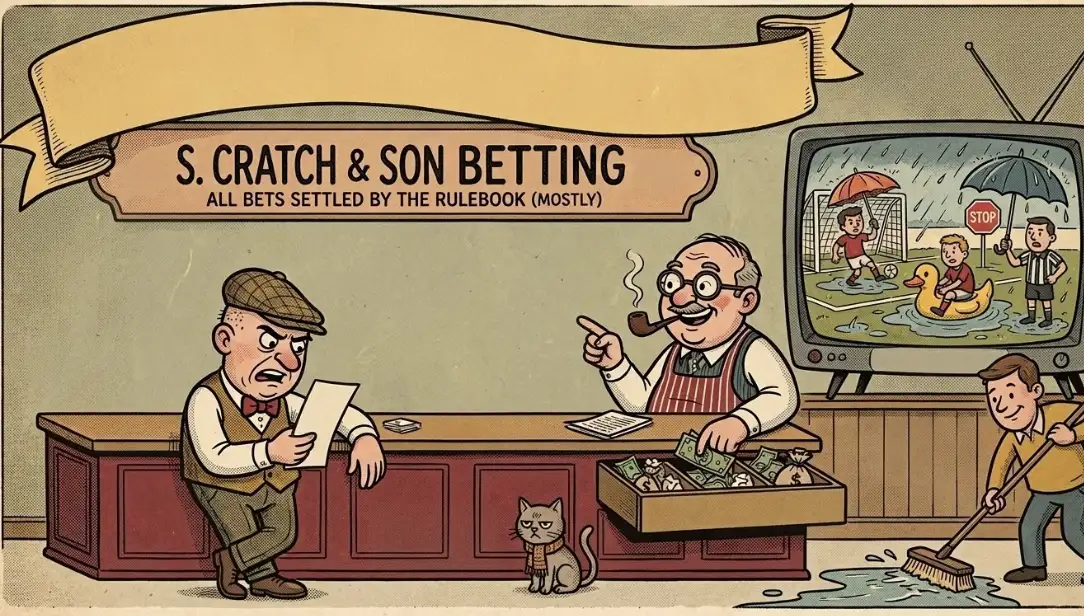 This cartoon illustrates how sportsbooks settle bets when a match is interrupted, abandoned, or affected by unusual circumstances, emphasizing how important the rulebook is.